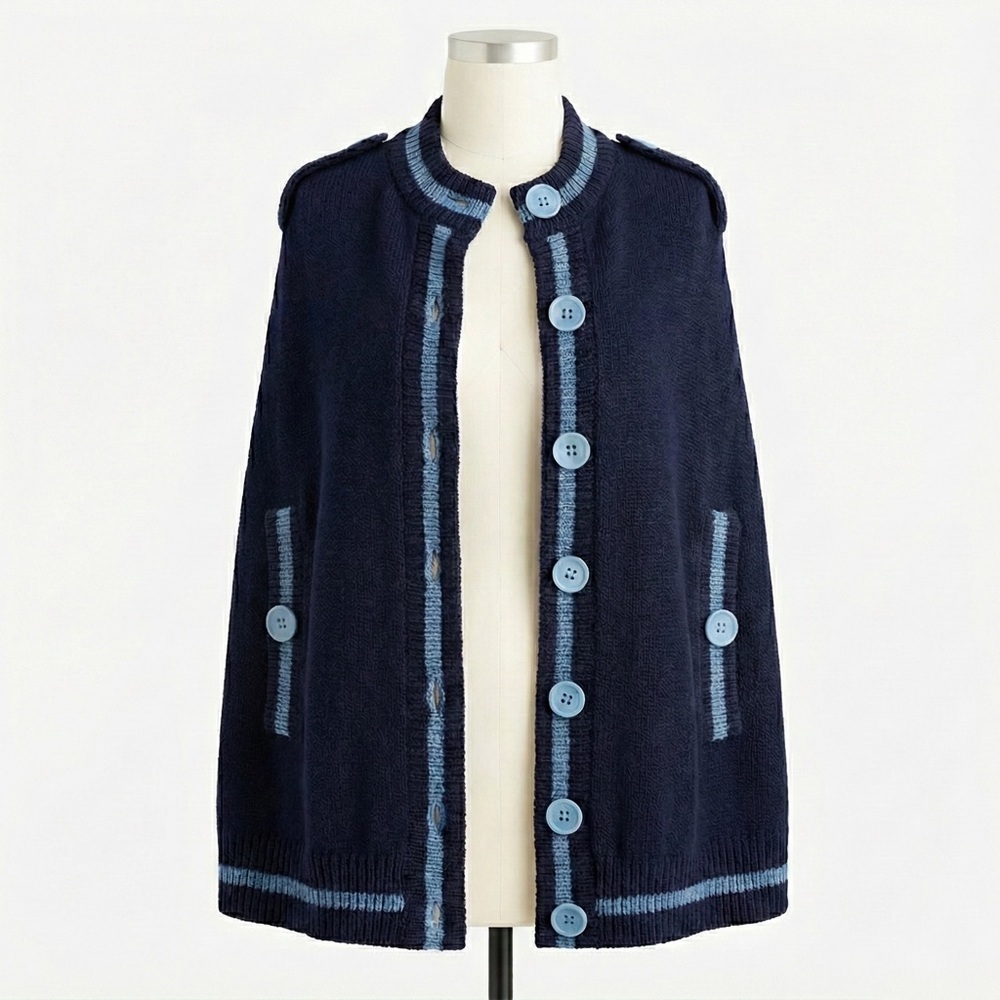 Marc Jacobs Navy Wool Knit Cape Poncho Sweater Contrast Trim Button Preppy M